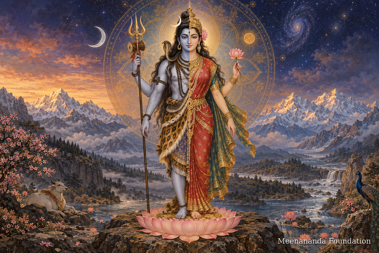 Reverent artistic depiction of Ardhanarishvara before a Himalayan cosmic mandala