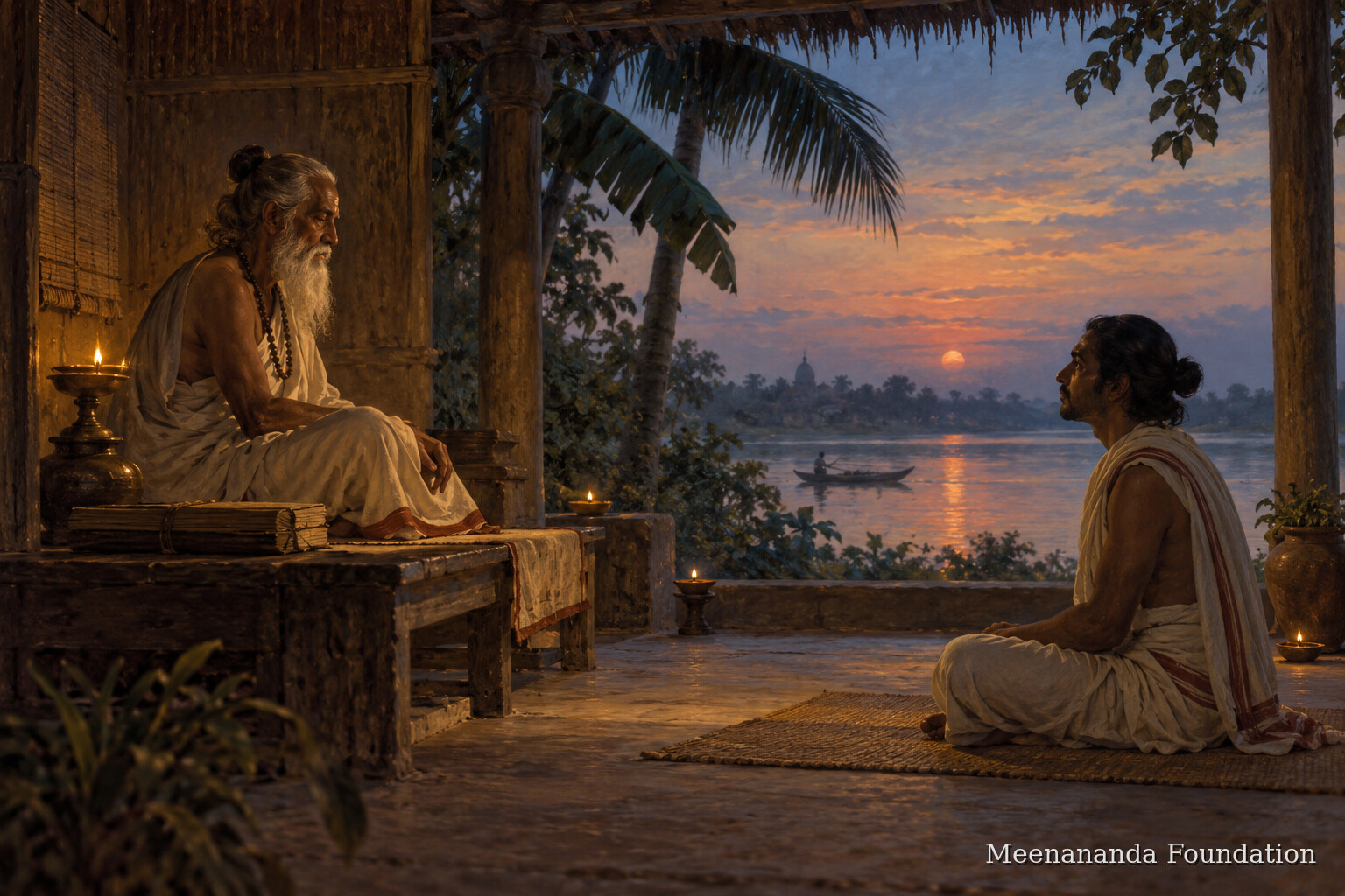 নদীতীরের আশ্রমে একজন গম্ভীর বয়স্ক শিক্ষক ও মনোযোগী প্রাপ্তবয়স্ক ছাত্র আলাদা বসে