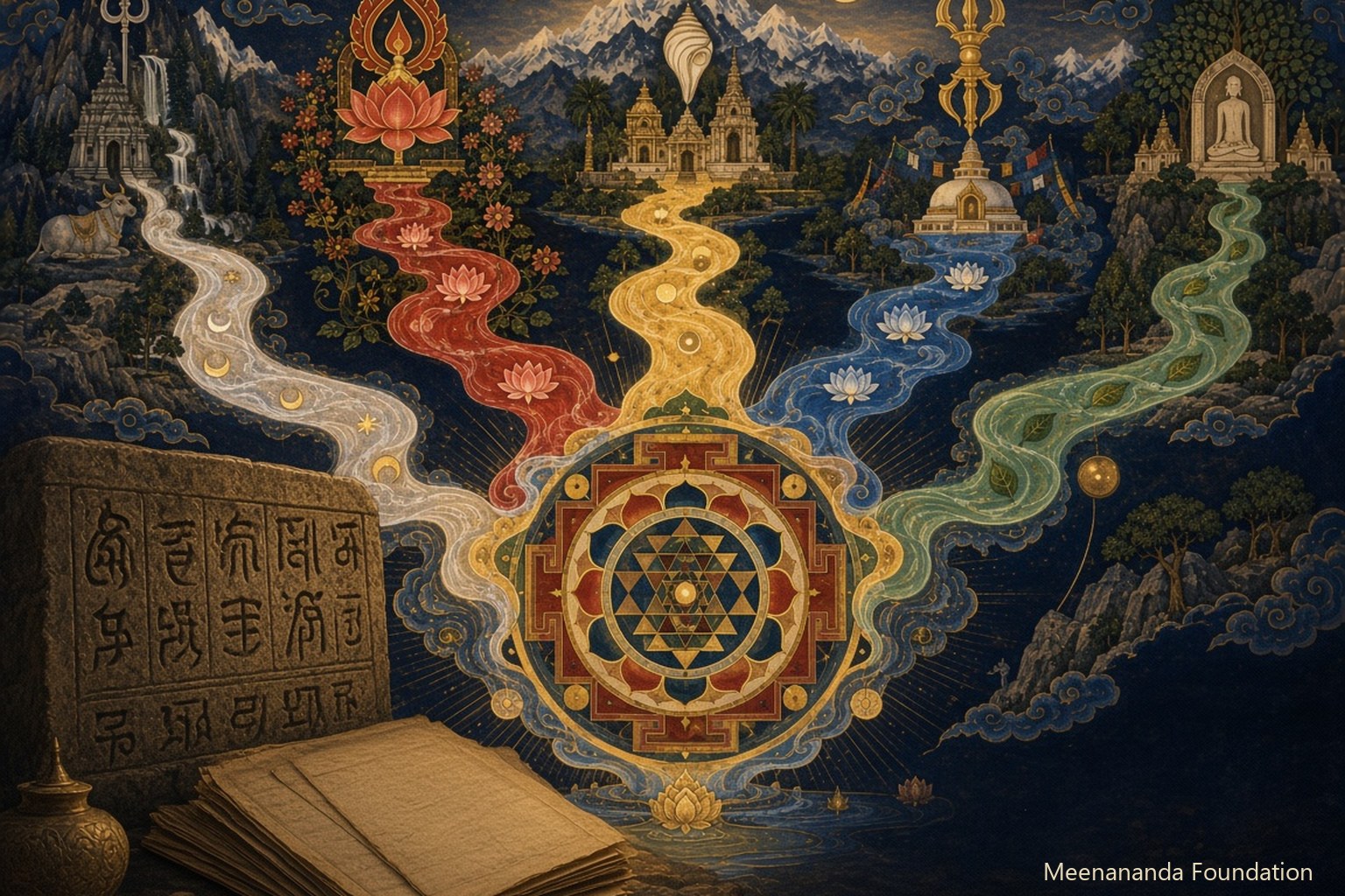 Palm-leaf manuscripts and a weathered shrine at dawn, an interpretive scene
