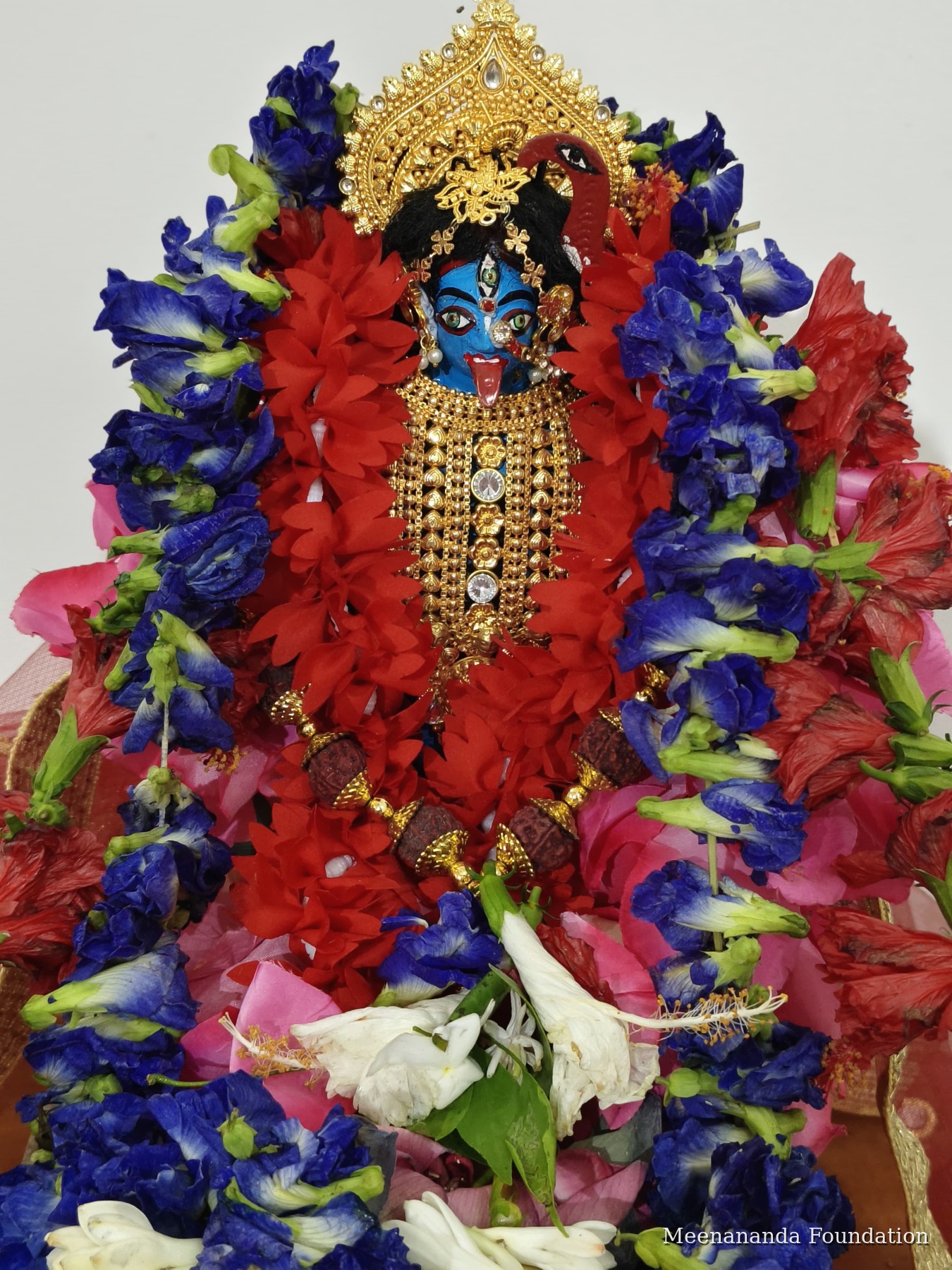শ্রী মীনানন্দ ফাউন্ডেশনের নীলমুখী কালীমূর্তি, লাল নীল ও সাদা ফুলে সাজানো