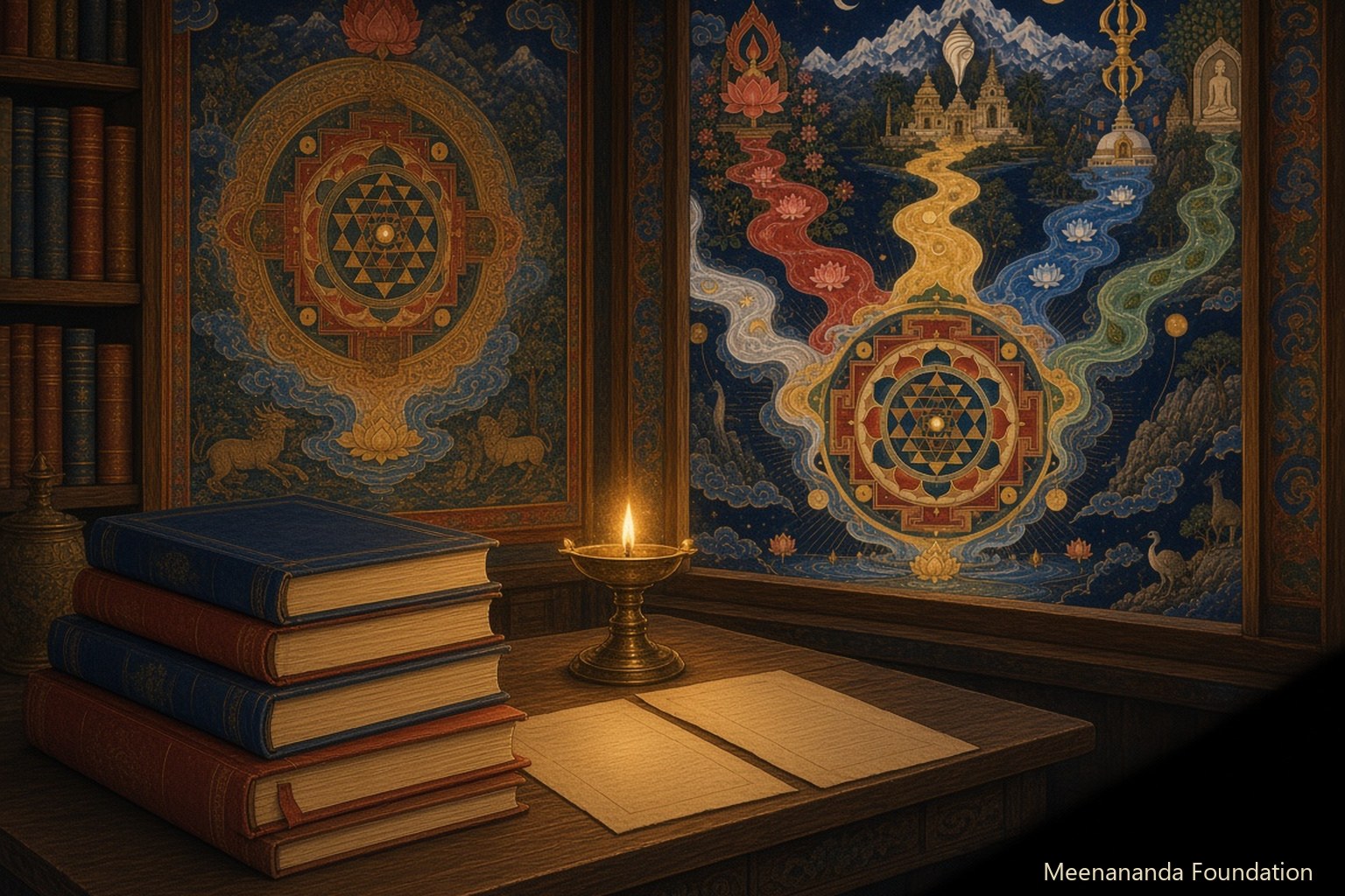 A scholar's lamp-lit desk of unmarked manuscripts beside a temple window