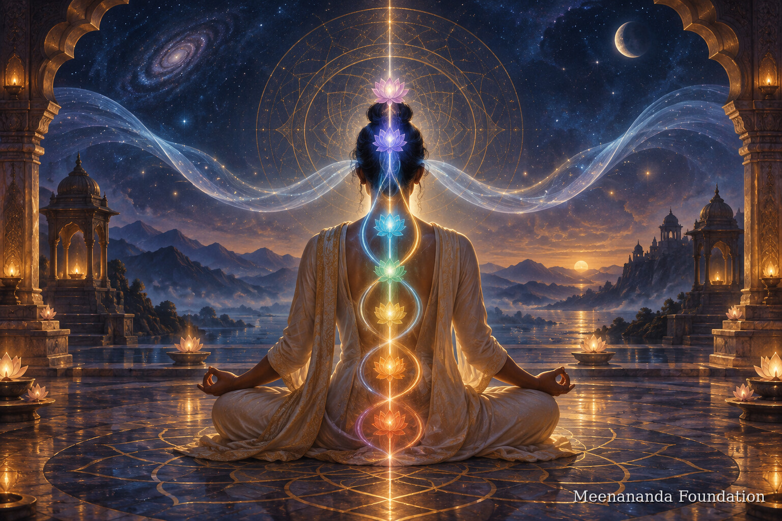 Clothed meditator with a symbolic luminous central axis and lotus centers