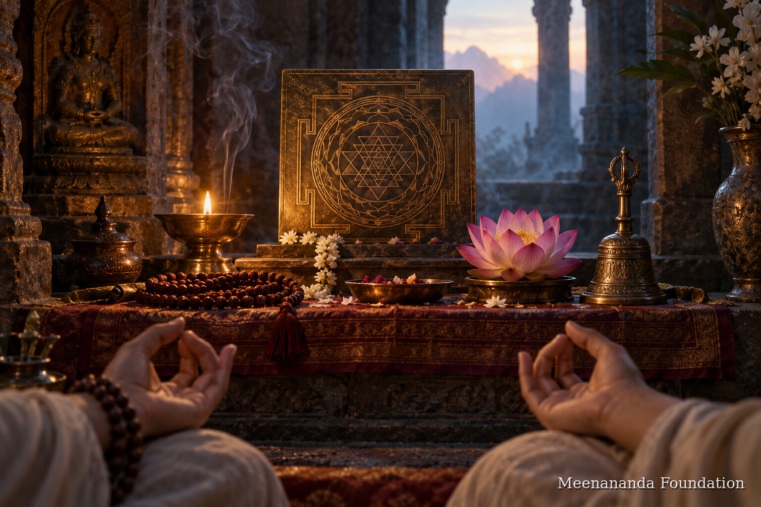 A shrine arranged with lamp, flowers, water vessel, bell and sacred geometry