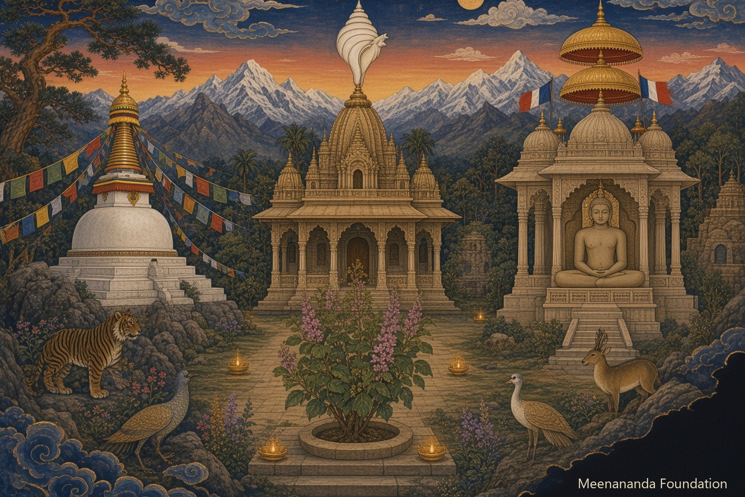 A stupa, a Vaishnava courtyard and a Jain temple under one dusk sky