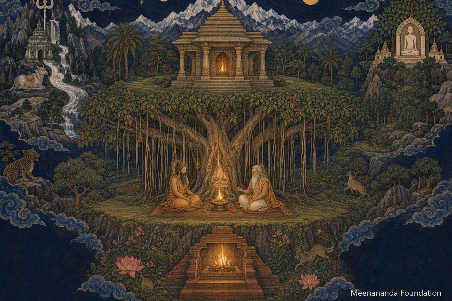 Fire altar, forest teaching and later temple arranged as three terraces of light