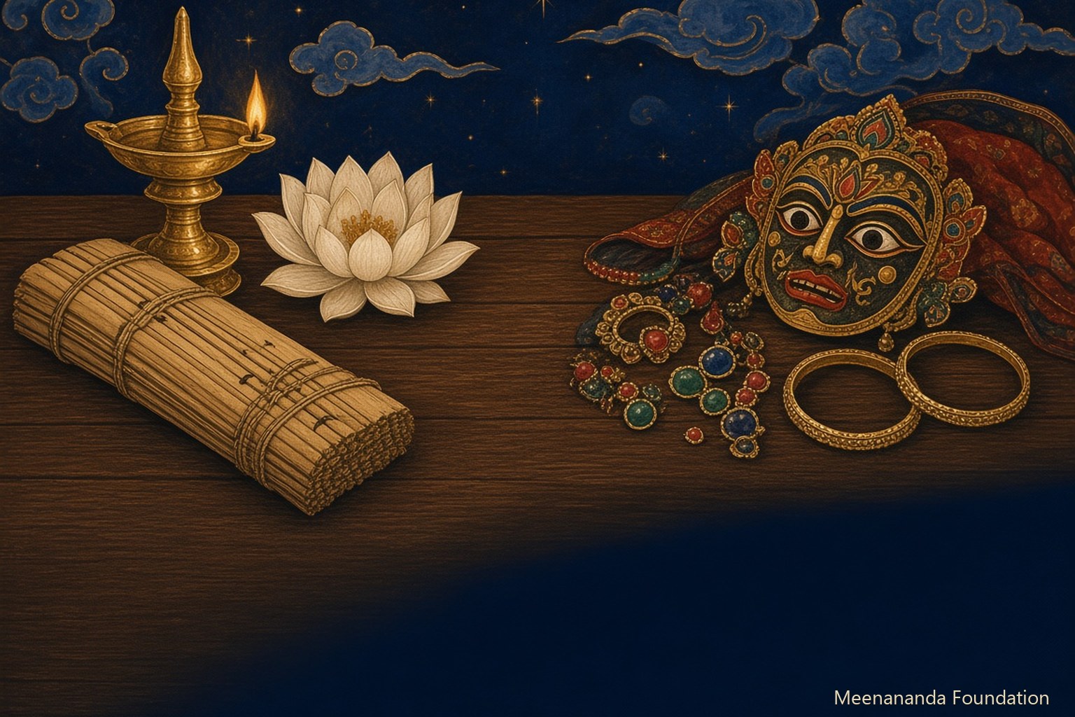 A lamp, palm-leaf bundle and lotus set apart from theatrical ornaments