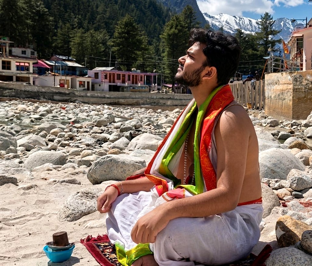 Astrologer Arko seated in white on a river ghat, mountains behind him.